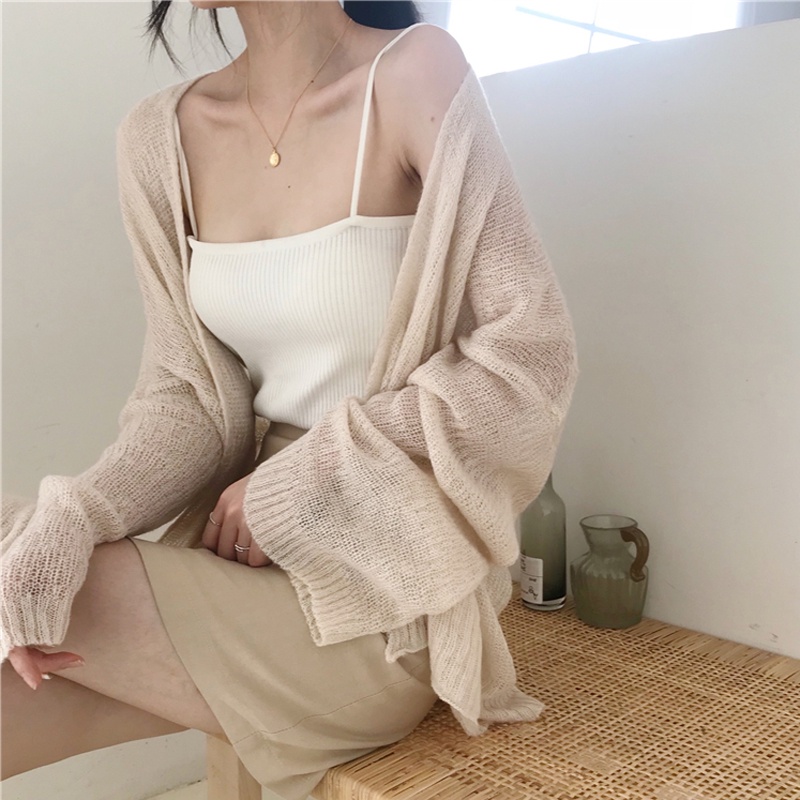 SUXI Áo Khoác Cardigan Dệt Kim Mỏng Tay Dài Dáng Rộng Thời Trang Mùa Hè Phong Cách Hàn Quốc
