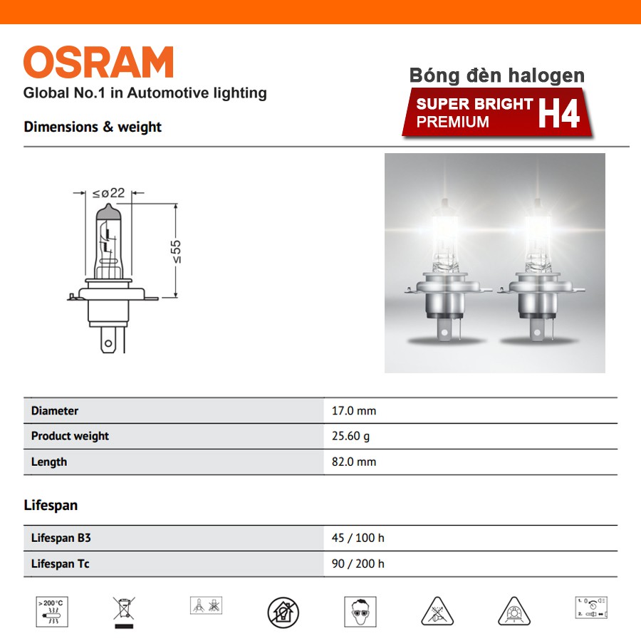 [Mã BMBAU50 giảm 10% đơn 99k] Bóng Đèn Halogen OSRAM Super Bright Premium H4 12V 100/90W - Nhập Khẩu Chính Hãng