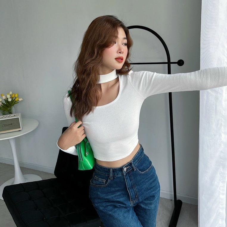 Áo croptop nữ body tay dài TOPTIFY cổ tròn có dây cài cổ Monaco Top AC13