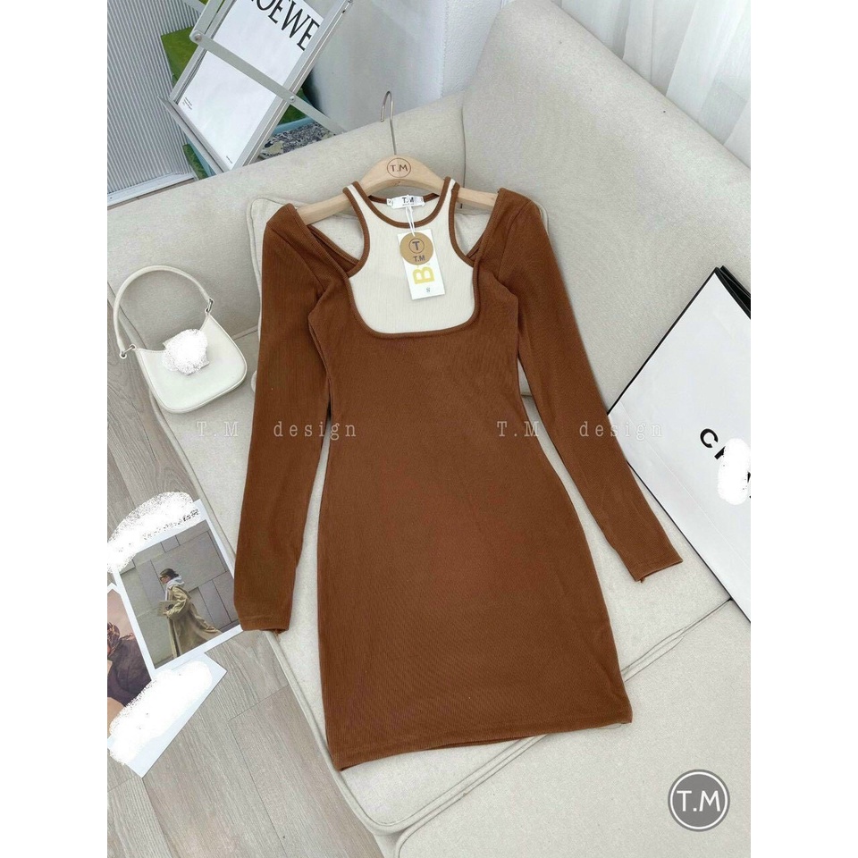 đầm gân body kiểu xẻ vai tay dài hot