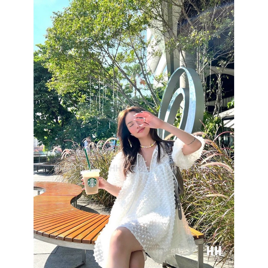 Đầm babydoll tay ngắn phối cổ tròn thắt nơ chất tơ bông cục li ti