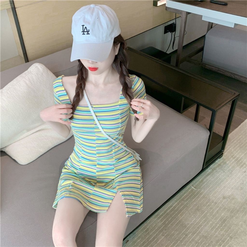 Váy Chữ A , Đầm Nữ Ngắn Sexy , Dáng Ôm Kẻ Sọc Cổ Vuông Xẻ Tà Phong Cách Hàn Quốc