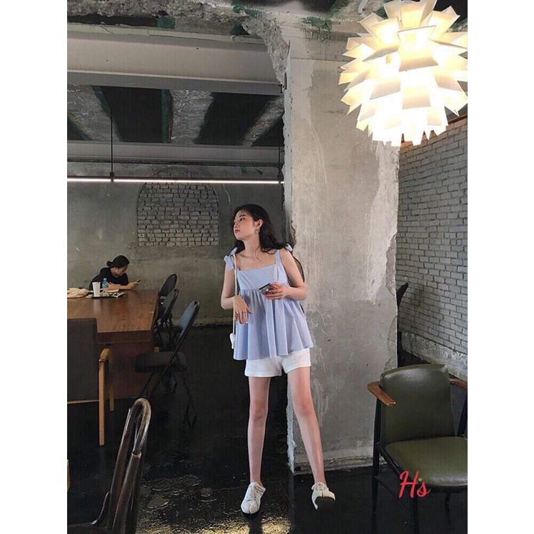 Set Bộ Áo Kẻ Nơ Vai Quần Kaki Trắng Dáng Babydoll Mềm Mịn TaZiNi Mã 1014