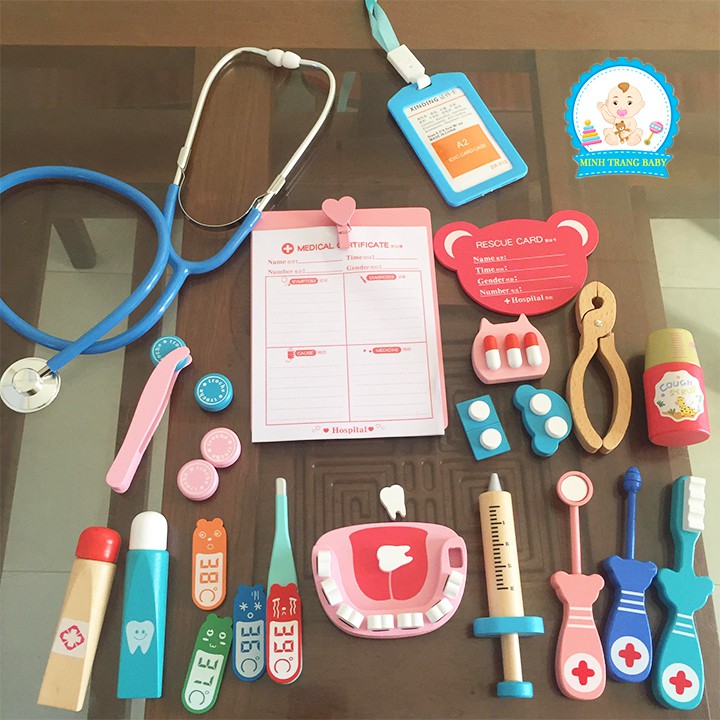 Đồ chơi bác sĩ cho bé 20 chi tiết, đồ chơi dụng cụ y tế nha khoa bằng gỗ cao cấp - Minh Trang Baby
