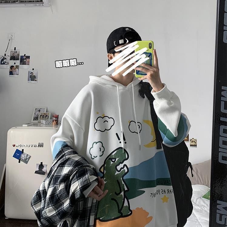 Áo hoodie sweater dáng rộng in hình khủng long kiểu Hàn Quốc cho nam