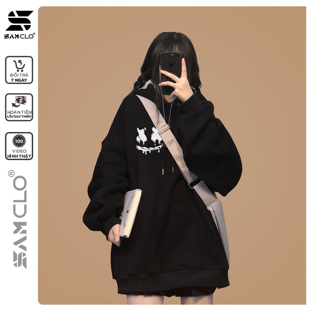 Áo khoác nỉ có mũ 2 lớp SAM CLO - HOODIE chui form rộng nam nữ unisex in hình MẶT CƯỜI chữ X