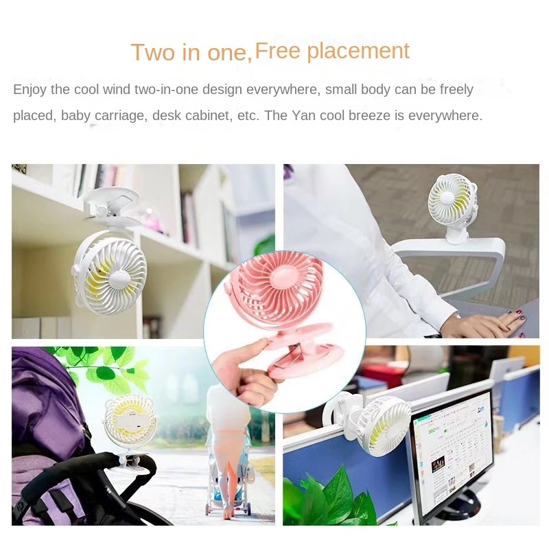 Quạt USB Mini Để Bàn Xoay 360 Độ Có Thể Sạc Lại Kèm Kẹp Cố Định Dễ Thương
