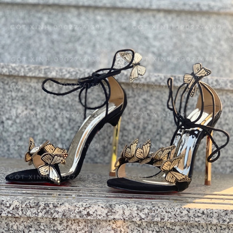 Sandal cao gót đính bướm cột dây
