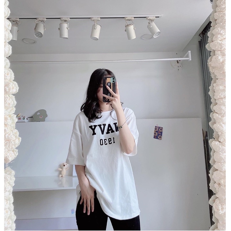 Áo thun cotton tay lỡ dáng rộng unisex Navy freesize 38-65kg