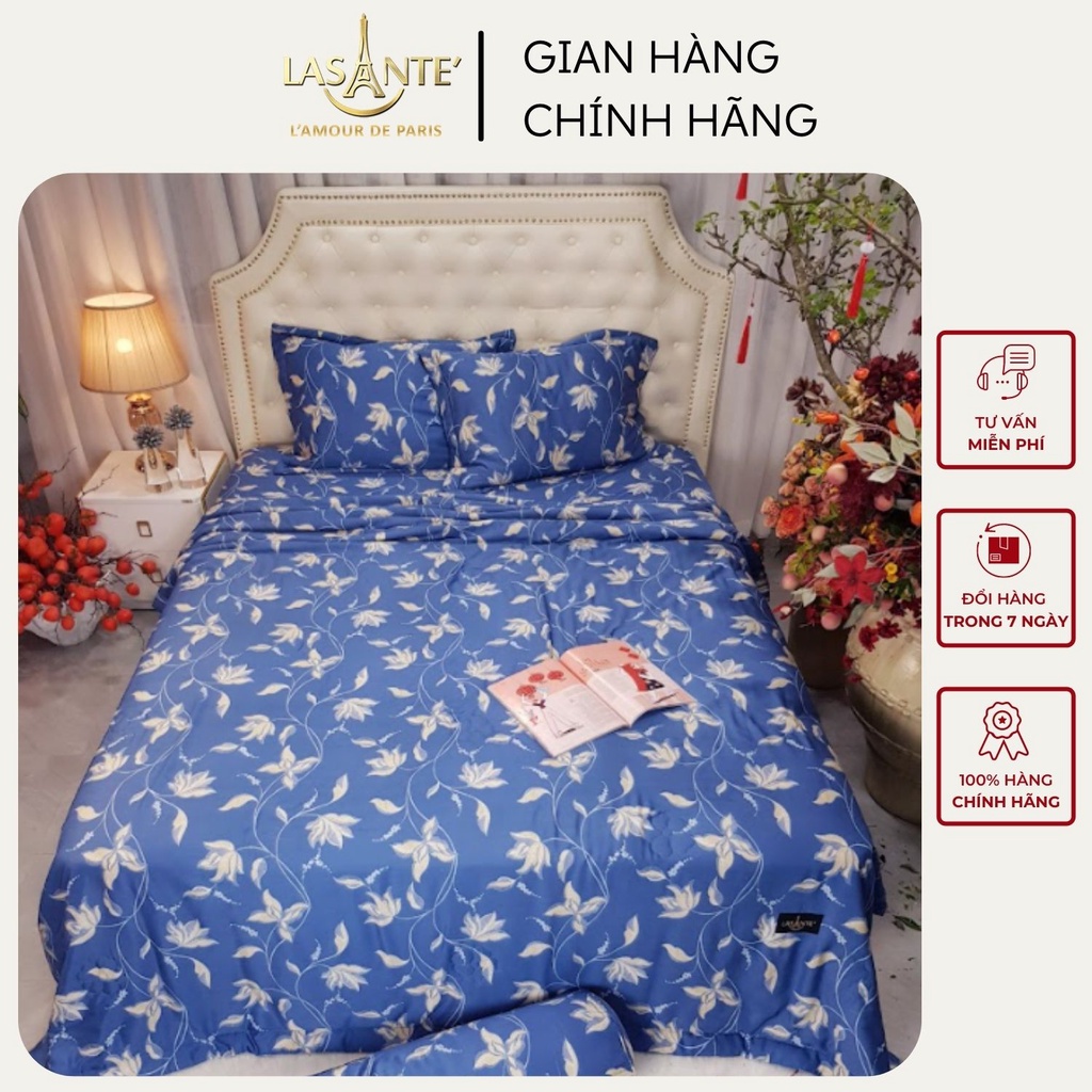 Bộ chăn ga gối Lasante' cao cấp phong cách Pháp màu xanh lam gỗ sồi 100% tự nhiên siêu rộng 2.1x2.4m