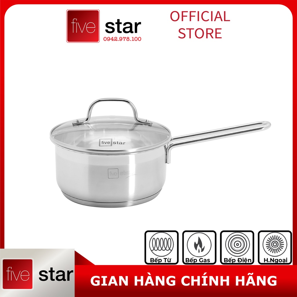 Bộ Nồi 5 Đáy Inox 304 Cao Cấp Bếp Từ Fivestar Plush FPB55D001 Nắp Kính , bảo hành 25 năm , tặng 1 vá canh