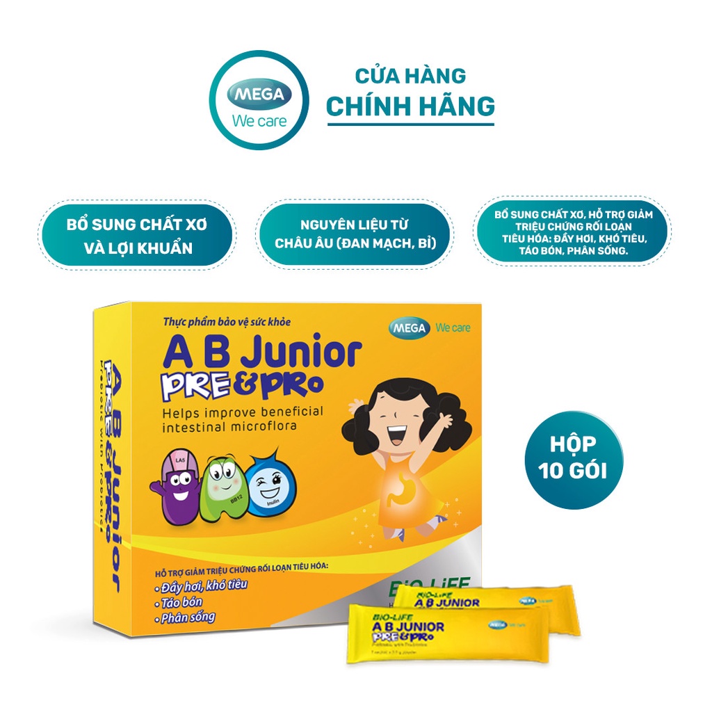 Gói bột men vi sinh lợi khuẩn sống &amp; chất xơ, khỏe đường ruột, giảm táo bón, khó tiêu, đầy hơi AB JUNIOR PRE&amp;PRO 10 gói