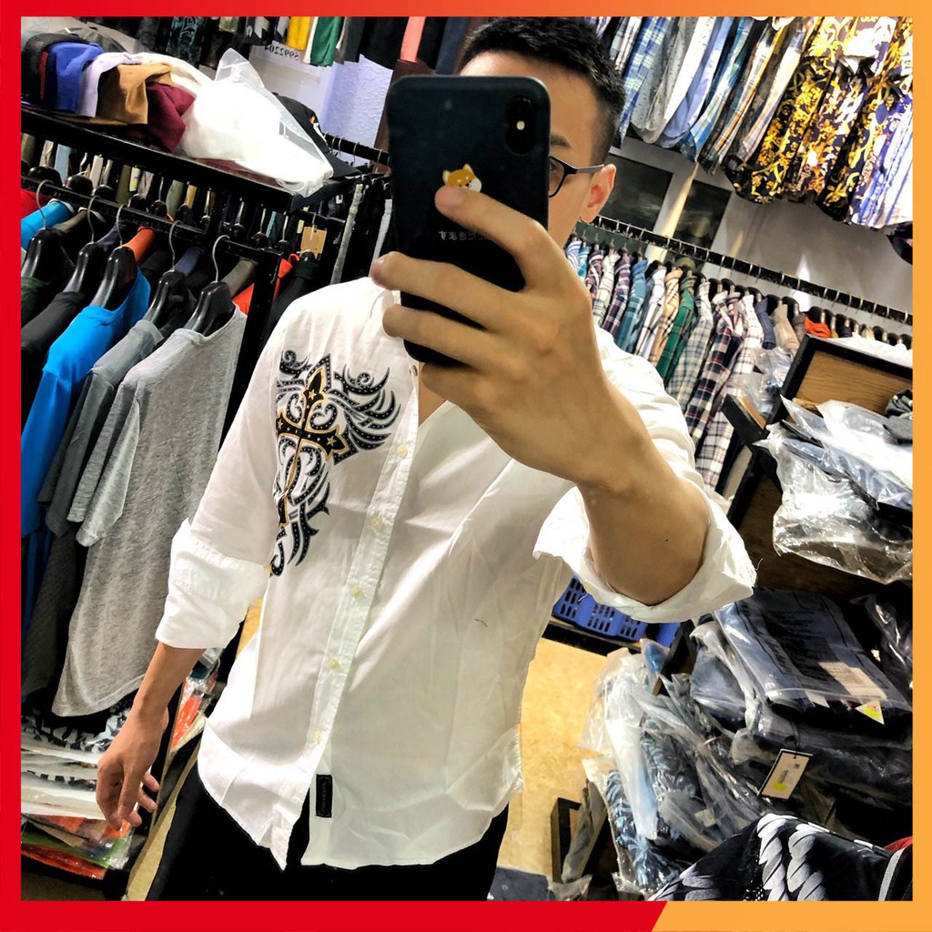Áo sơ mi nam body trắng in họa tiết phản quang cao cấp chất cotton lụa co dãn 4 chiều