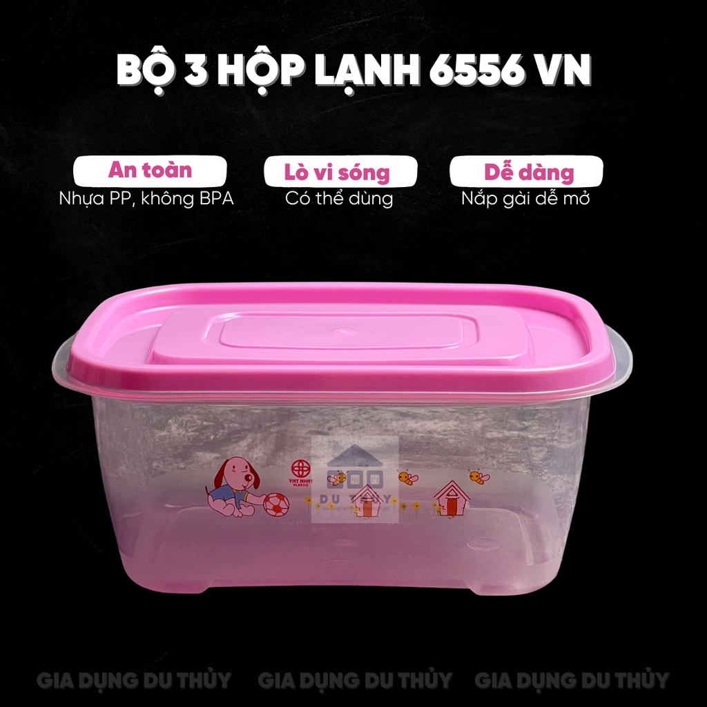 Hộp nhựa đựng thực phẩm (bộ 3 hộp) màu hồng, dương, xanh lá, chất liệu nhựa PP an toàn sử dụng được trong lò vi sóng