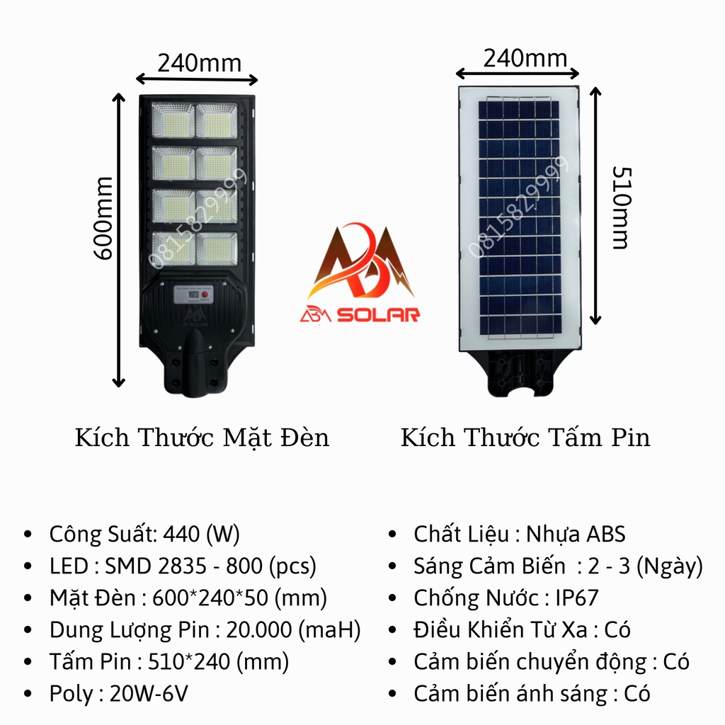 440W ĐÈN ĐƯỜNG NĂNG LƯỢNG MẶT TRỜI , TẤM PIN LIỀN THỂ , IP67 CHỐNG NƯỚC ABM Solar