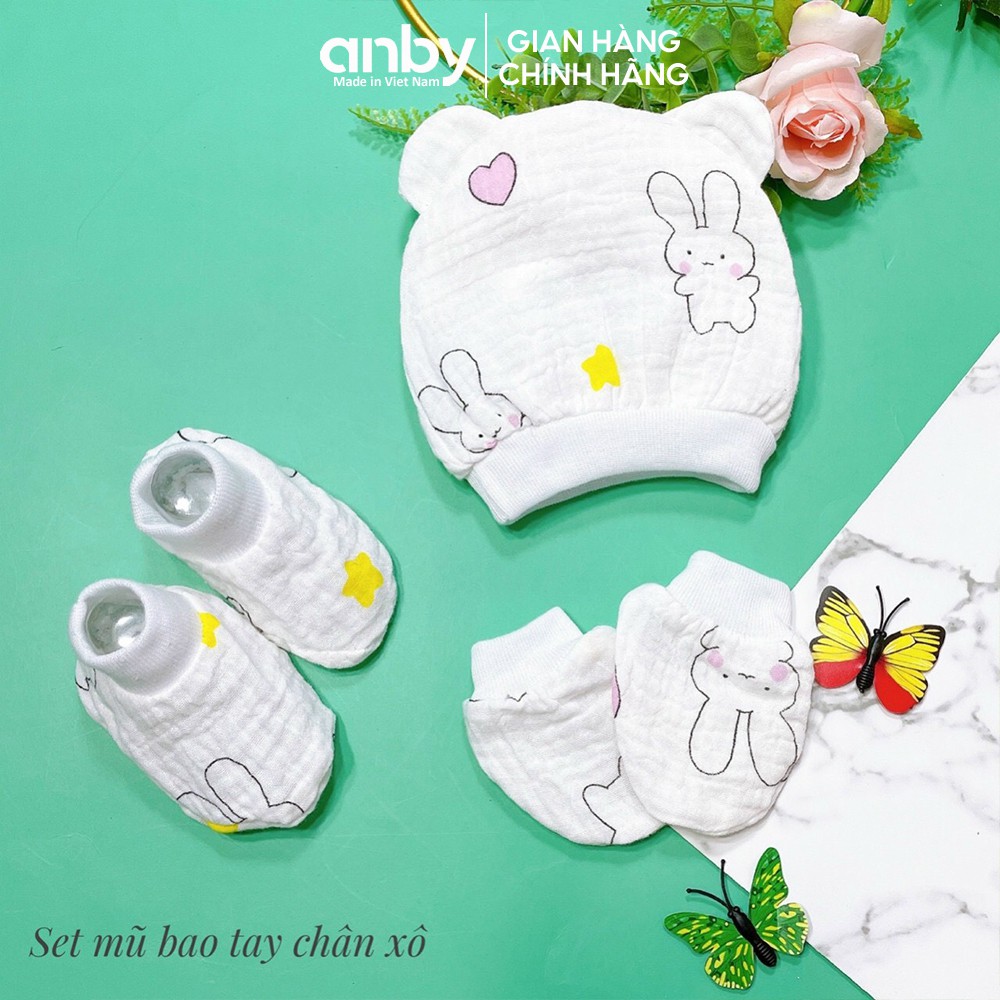 Set bao chân tay và mũ đội bảo vệ đầu cho bé sơ sinh ANBY vải xô họa tiết đáng yêu
