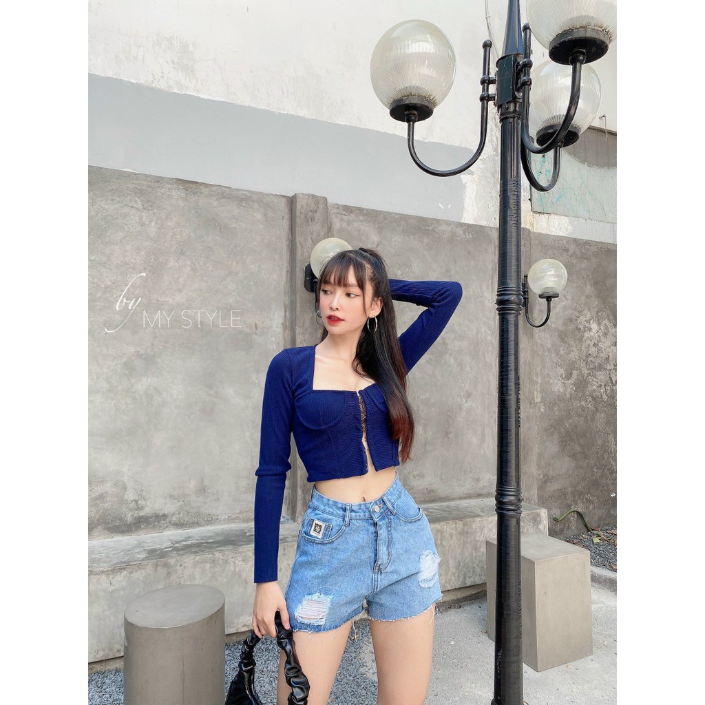 Quần Sọt Jean Nữ Rách Tua Đính Logo Ảnh Thật