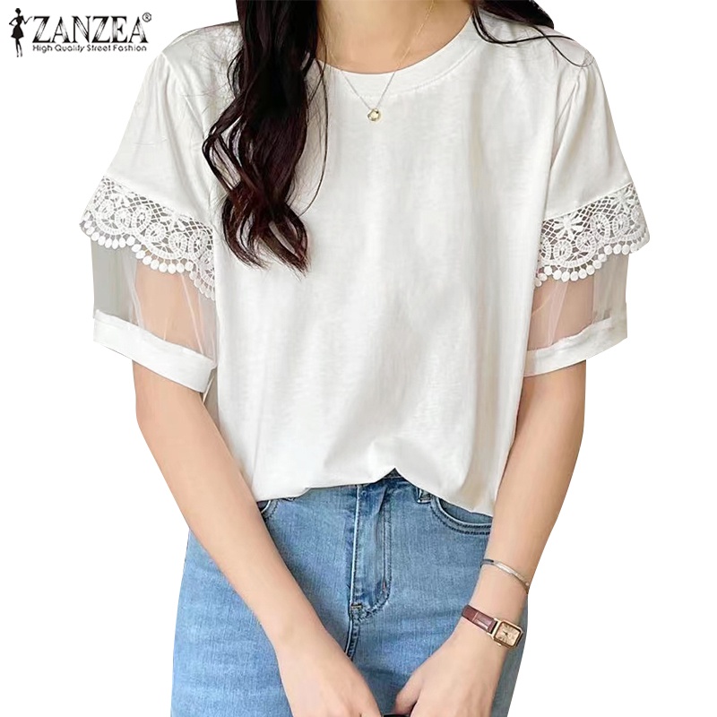 Áo kiểu ZANZEA tay phồng phối ren màu trơn thời trang đường phố cho nữ