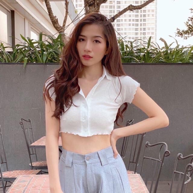 Áo thun croptop cổ bẻ cài nút, hình thật ảnh sàn