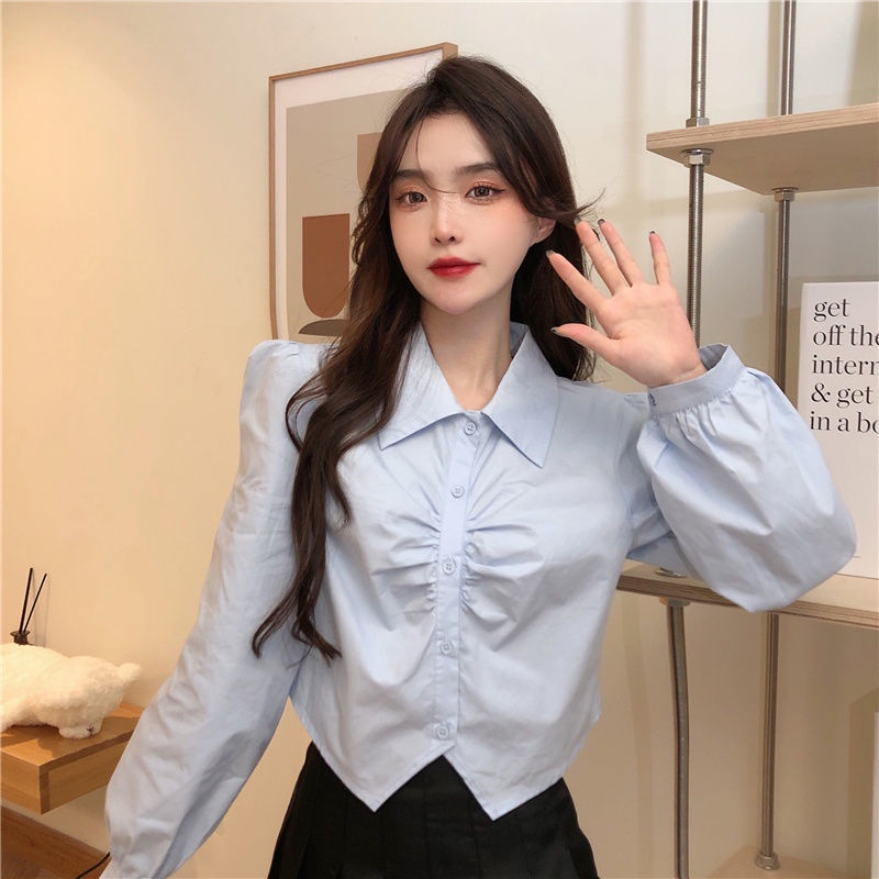 Áo sơ mi trắng IELGY tay dài dáng ngắn thời trang kiểu Pháp cho nữ