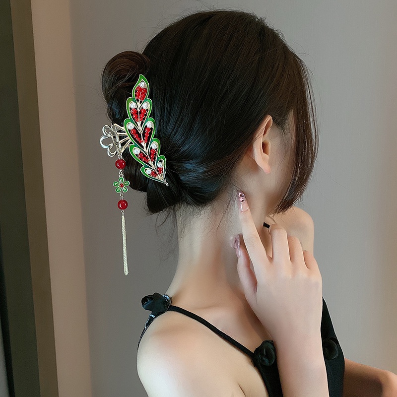 Haimeikang Kẹp tóc cỡ lớn phối tua rua hình chim công đính ngọc trai thời trang chất lượng dành cho nữ