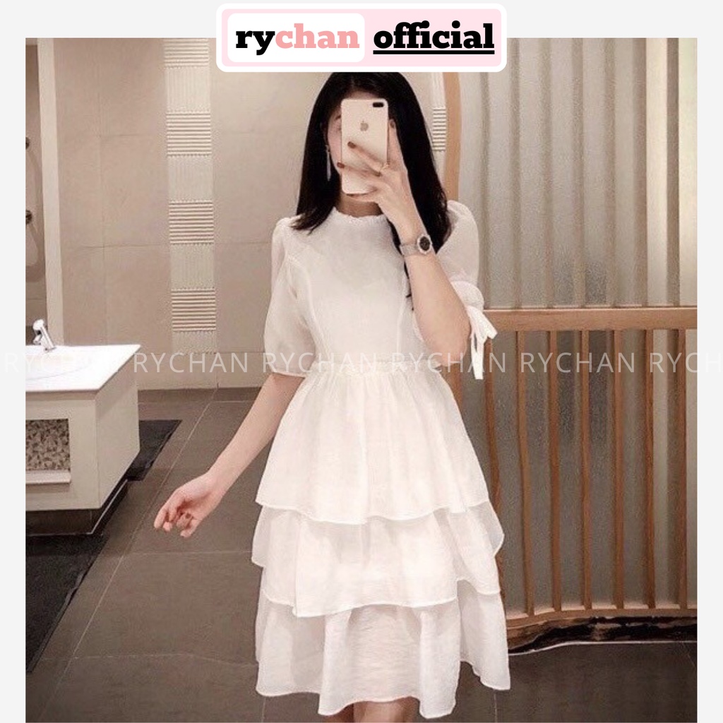 [ẢNH THẬT CUỐI] Đầm Xòe Trắng Tầng Nhún Eo Cổ Bèo Nơ Tay - DX250
