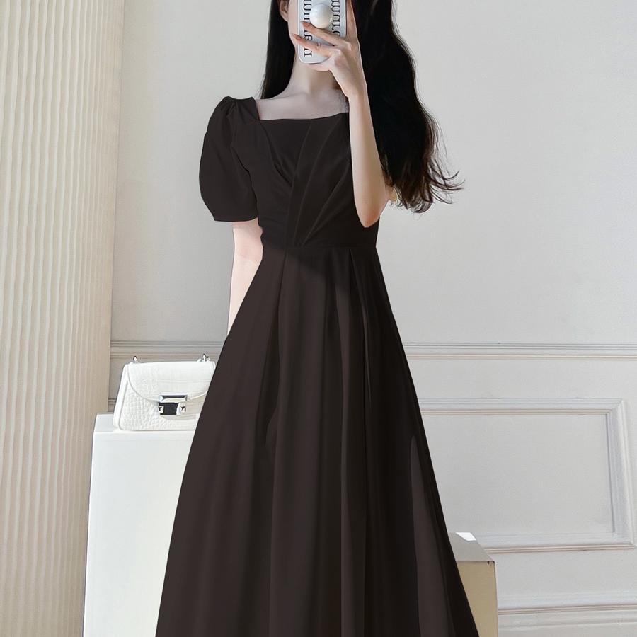 Đầm Trắng Dáng Dài Cổ Vuông Chiết Eo Kiểu Pháp Thời Trang Sang Trọng Cho Nữ