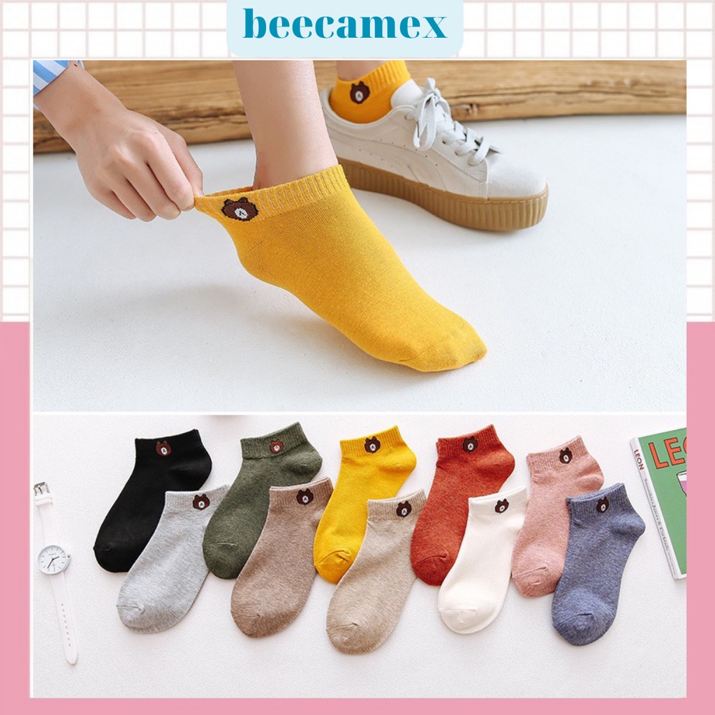 Combo 10 đôi tất gấu, vớ nữ cổ ngắn họa tiết Brown tặng kèm túi đựng