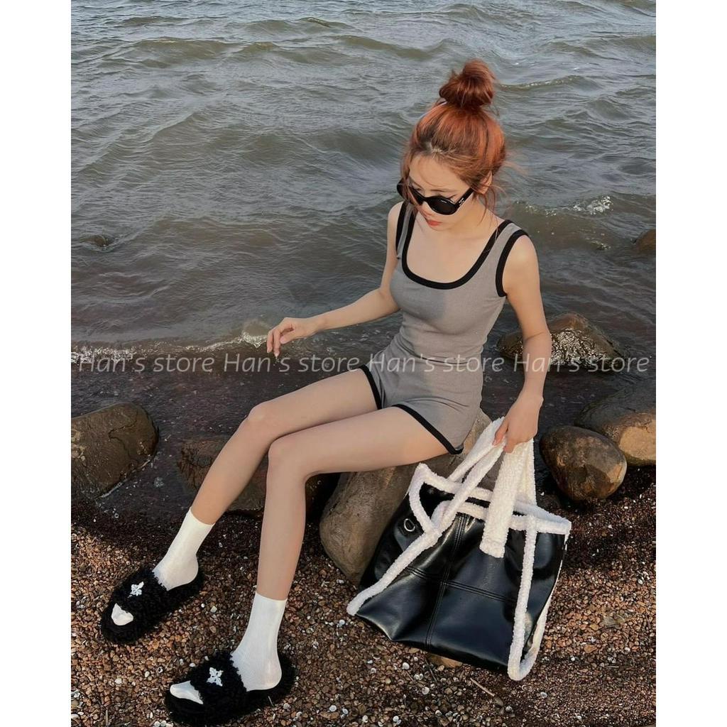 JUMPSUIT GÂN XÁM VIỀN ĐEN SHORT