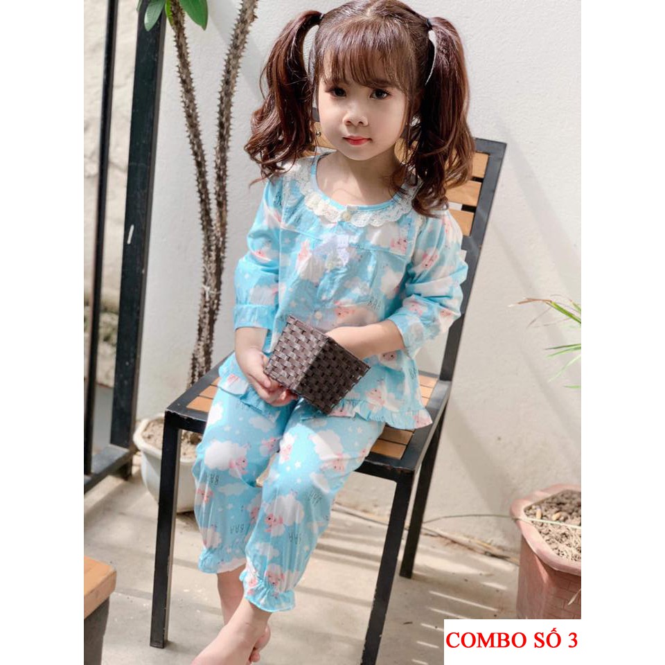 Combo 2 bộ pijama thô lụa viền ren cho bé gái từ 8kg đến 25kg