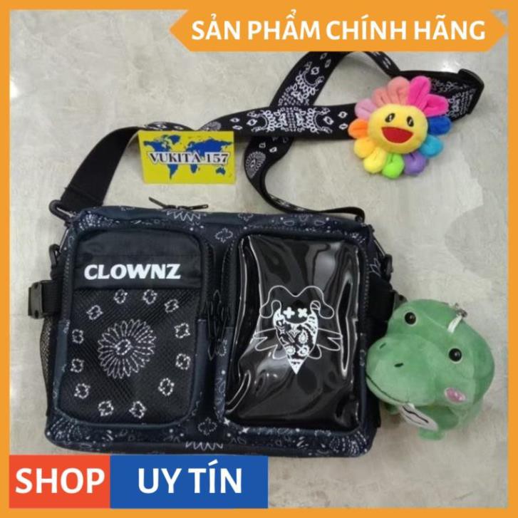 Túi đeo chéo Clownz Đen in hoa văn (Tặng full tag và giấy thơm) (chuẩn cao cấp 1-1) (loại 2 hộp in mặt quỷ) (Vukita157)