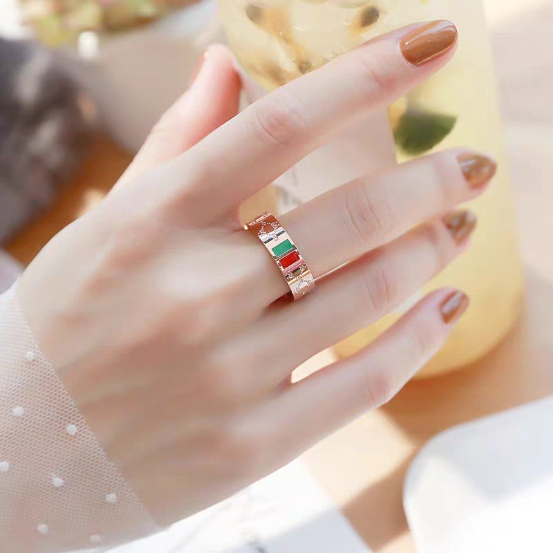 Nhẫn Họa Tiết Thanh Xanh Đỏ | Nhẫn Bản Rộng Bằng Thép Titan Mạ Vàng Hồng 18k Cao Cấp | Trang Sức Bằng Thép Không Gỉ Không Thấm Nước Không Gây Dị Ứng