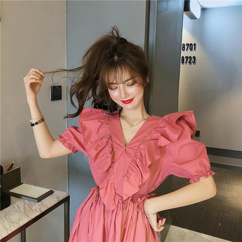 Đầm Ngắn Tay Phồng Cổ Chữ v Eo Cao Ôm Dáng Phong Cách Retro Pháp Thời Trang Mùa Hè Dành Cho Nữ