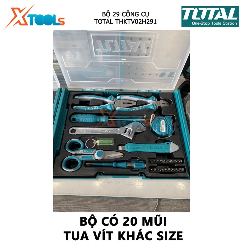 Bộ đồ nghề gia dụng 29 chi tiết TOTAL THKTV02H291 bộ 29 công cụ bao gồm kềm, mỏ lết, bút thử điện, thước kéo, băng cách