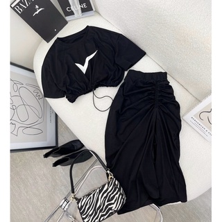 Set áo croptop rút eo + chân váy midi dây rút lưng thun