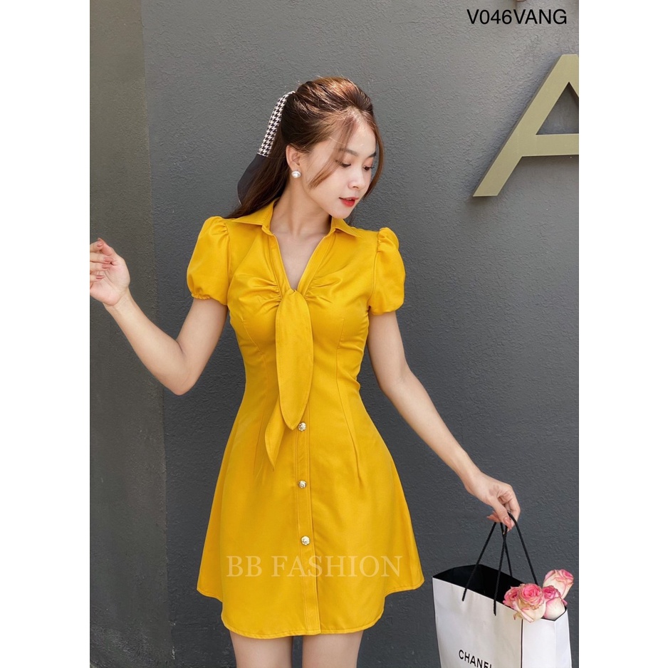 Váy sơmi nhún ngực tay bồng, Đầm nữ cổ trụ chất chéo hàn cao cấp mềm mịn không nhăn V046 | BigBuy360 - bigbuy360.vn