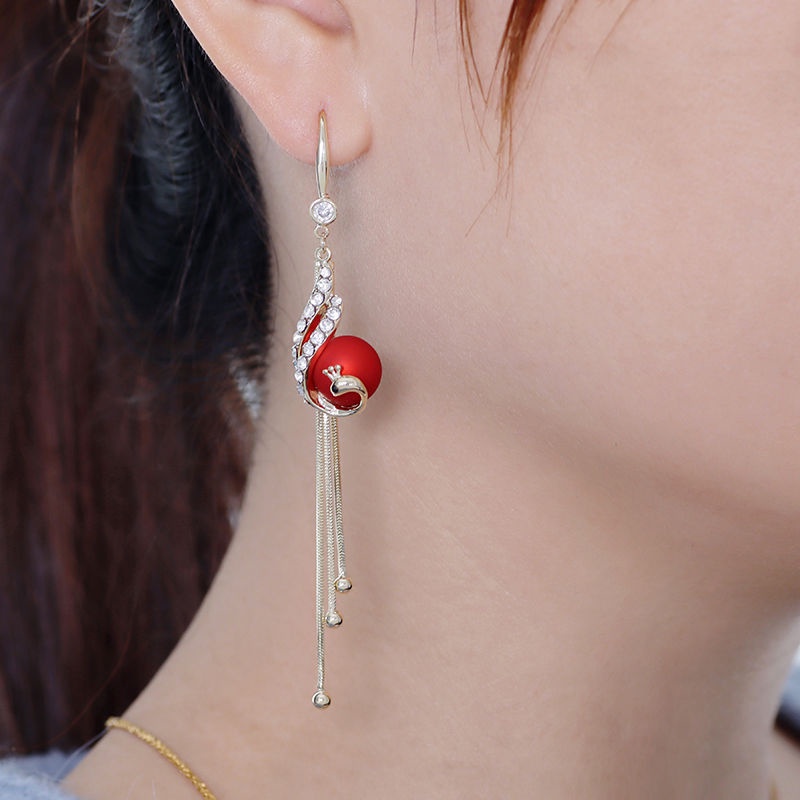 Khuyên Tai Hình Chim Công Đính Ngọc Trai Nhân Tạo Thời Trang