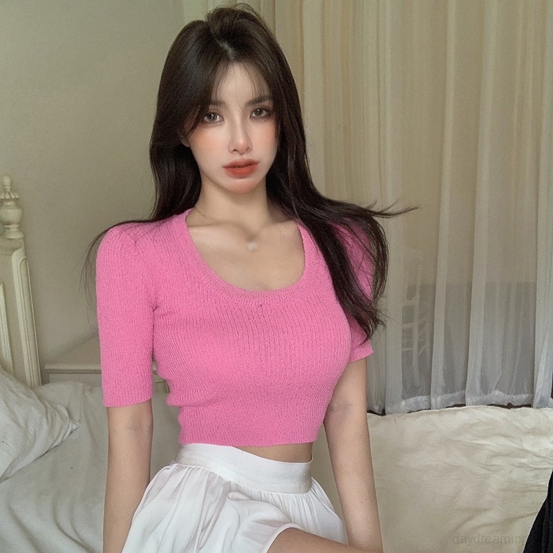 Áo Croptop Dệt Kim Tay Ngắn Cổ Tròn Dáng Ôm Thời Trang Cho Nữ