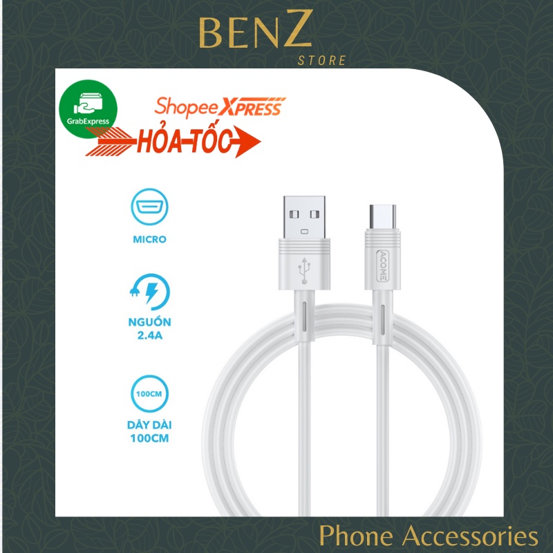 Cáp Sạc ACOME ADM010 Cổng Micro USB 2.4A Dài 100cm Tương Thích Với Các Thiết bị Android BenZ Store