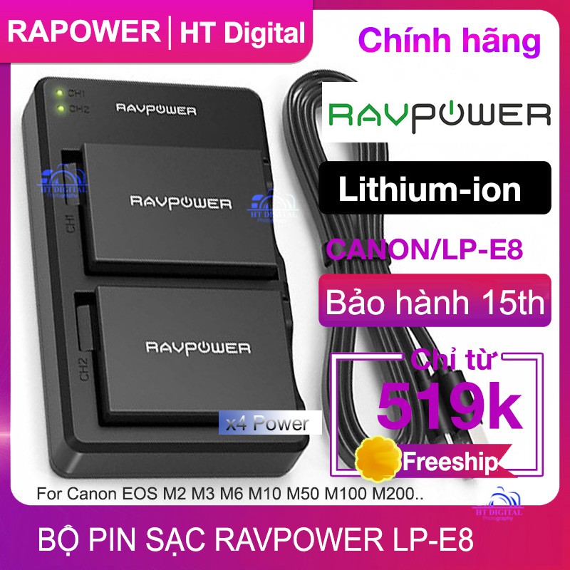 Bộ 2 Pin RAVPower LP-E8 + Sạc Đôi RAVPower Canon LP-E8 Cho Canon 550D, 600D, 650D, 700D (Hàng Chính Hãng)