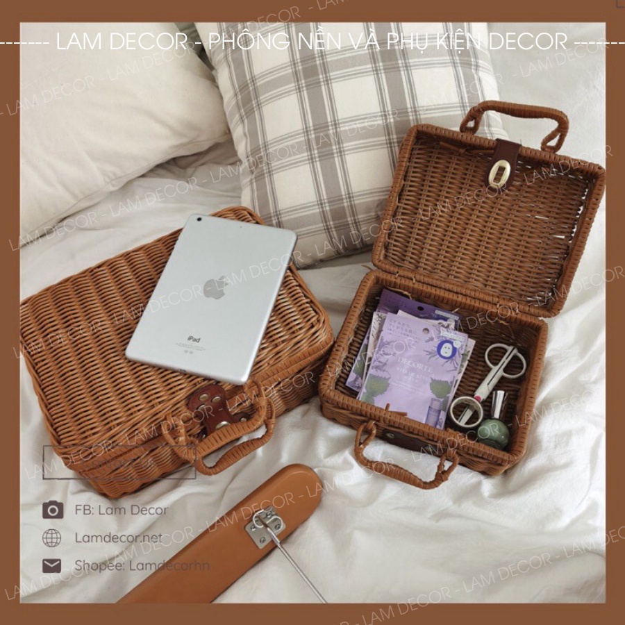 Vali mây vintage quai da cao cấp siêu xịn