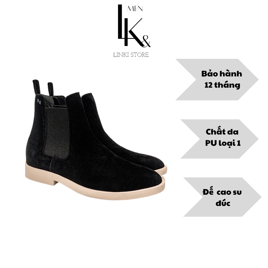 Giày Chelsea Boot màu Đen đế kem - Giúp tăng chiều cao 7 cm - Da lộn xịn xò cao cấp - Bảo hành 12 tháng