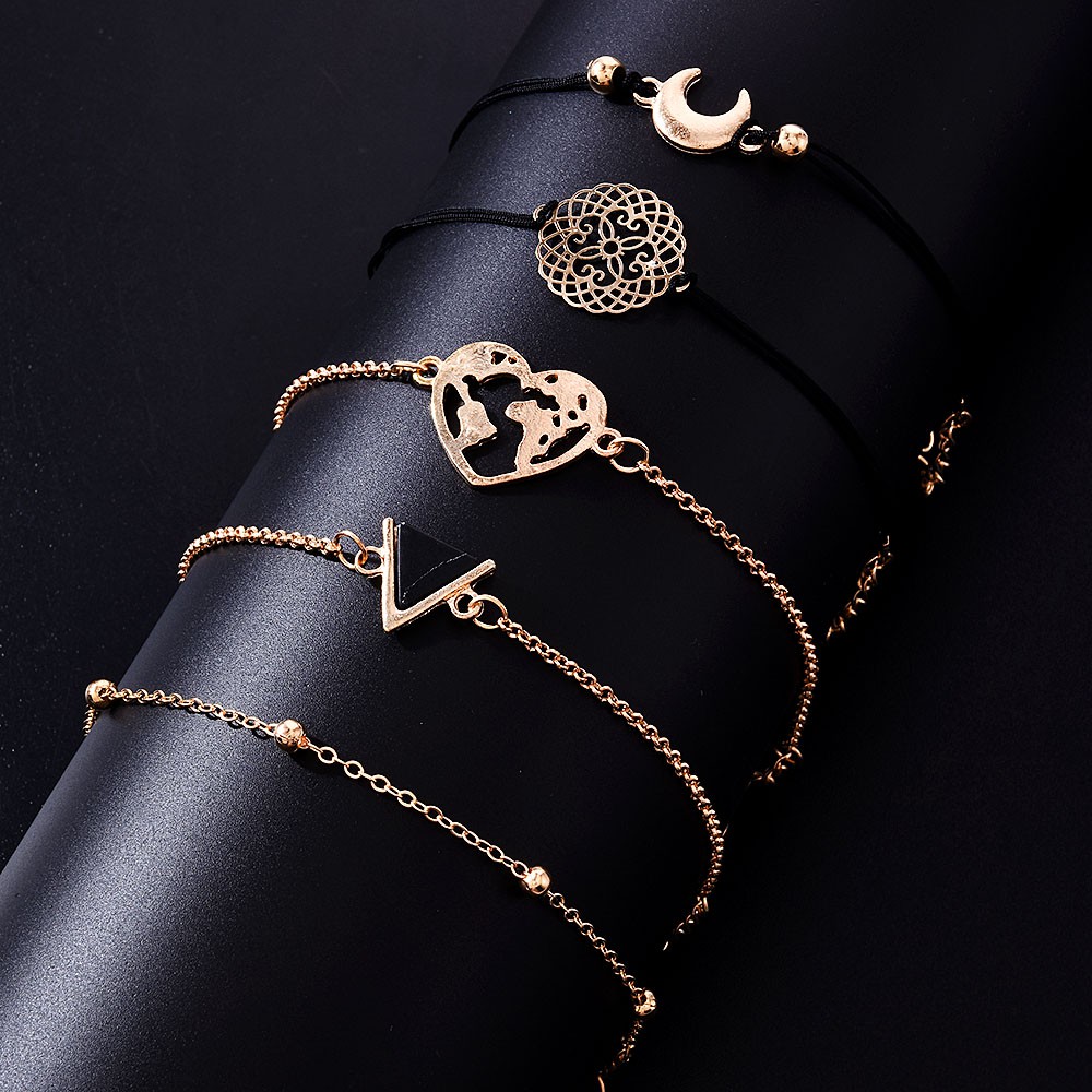 Bộ 5 vòng tay chuỗi hạt mặt trăng và trái tim phong cách Boho thời trang cho nữ