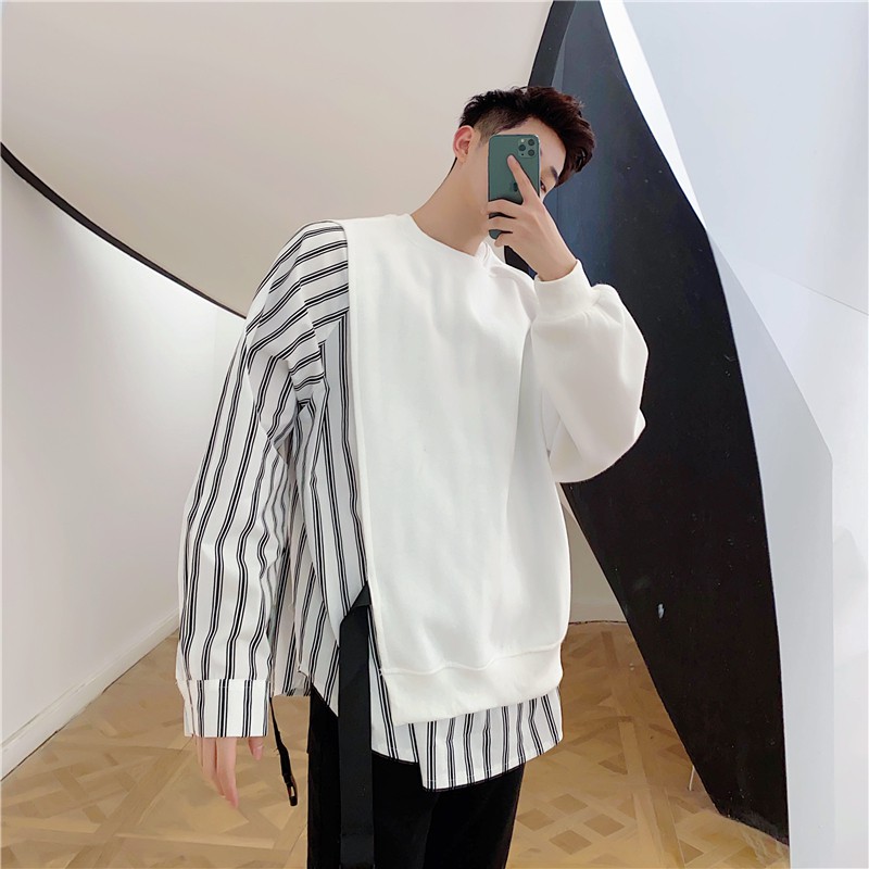 Áo Sweater Dáng Rộng Kẻ Sọc Giả Nhiều Lớp Thời Trang Mùa Thu Cho Nam