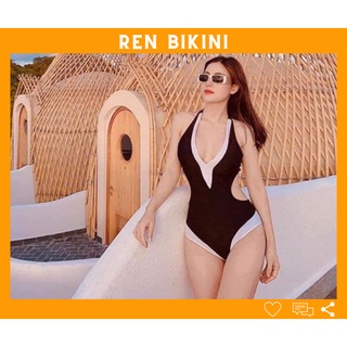 Bikini, Đồ Bơi Đi Biển Hai Mảnh Liền Thân Trắng Phối Đen Khoét Eo Secxy MS09