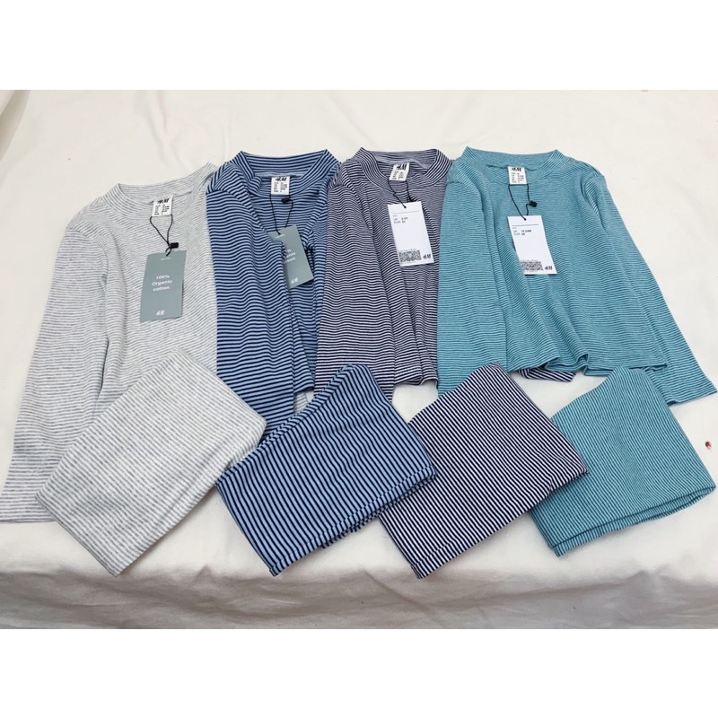 Set 2 bộ cotton kẻ dài tay cổ 3 phân thu đông cho bé trai