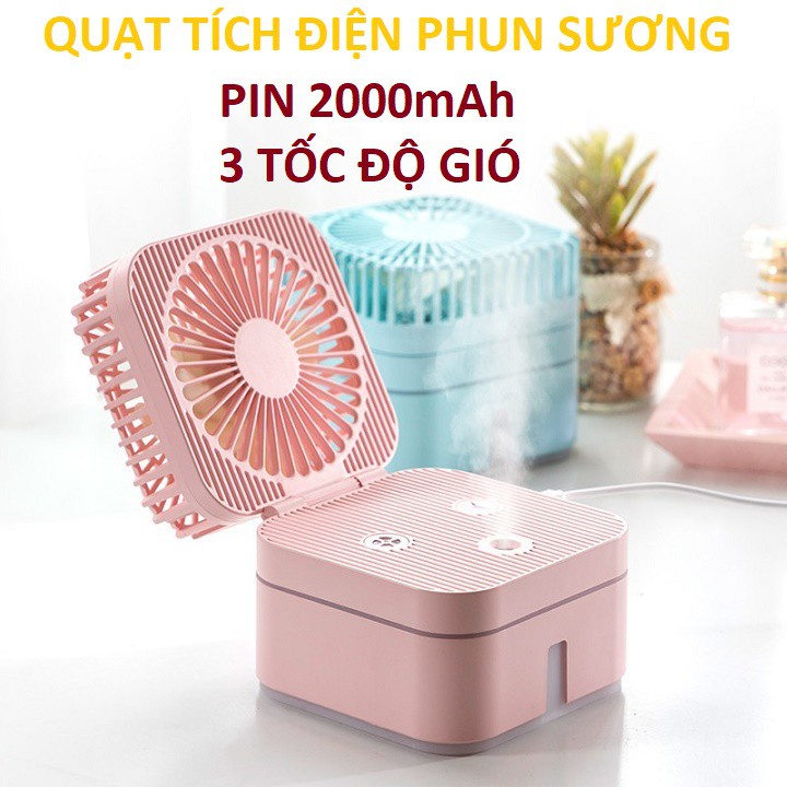 Quạt phun sương mini để bàn, tích điện 2000mAh, 3 tốc độ gió, đèn LED 7 màu