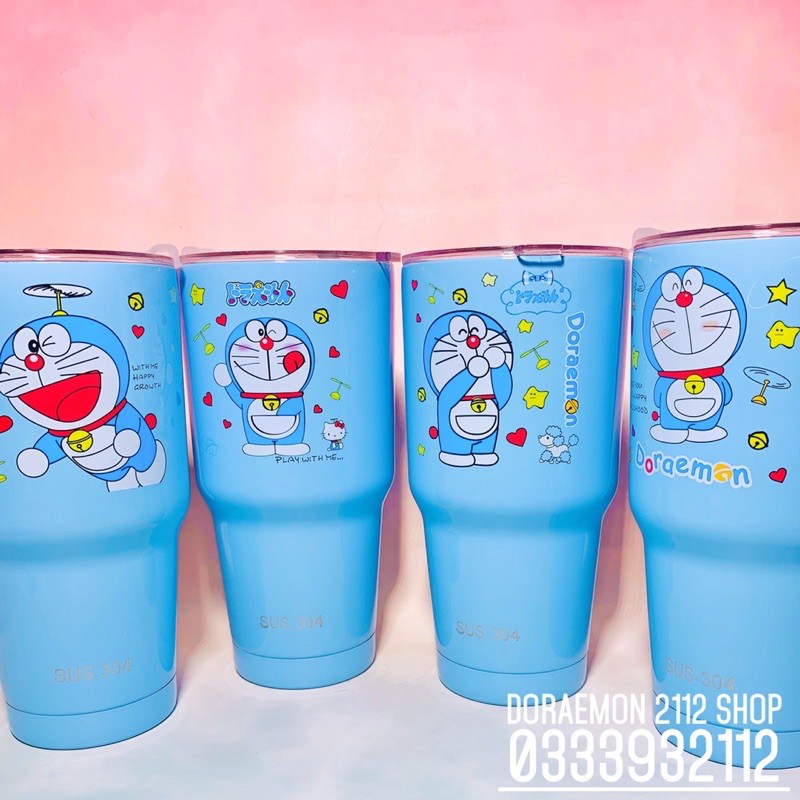 Combo ly giữ nhiệt DORAEMON (tặng kèm túi xách ly và bộ 2 ống hút inox và cọ rửa ống hút)