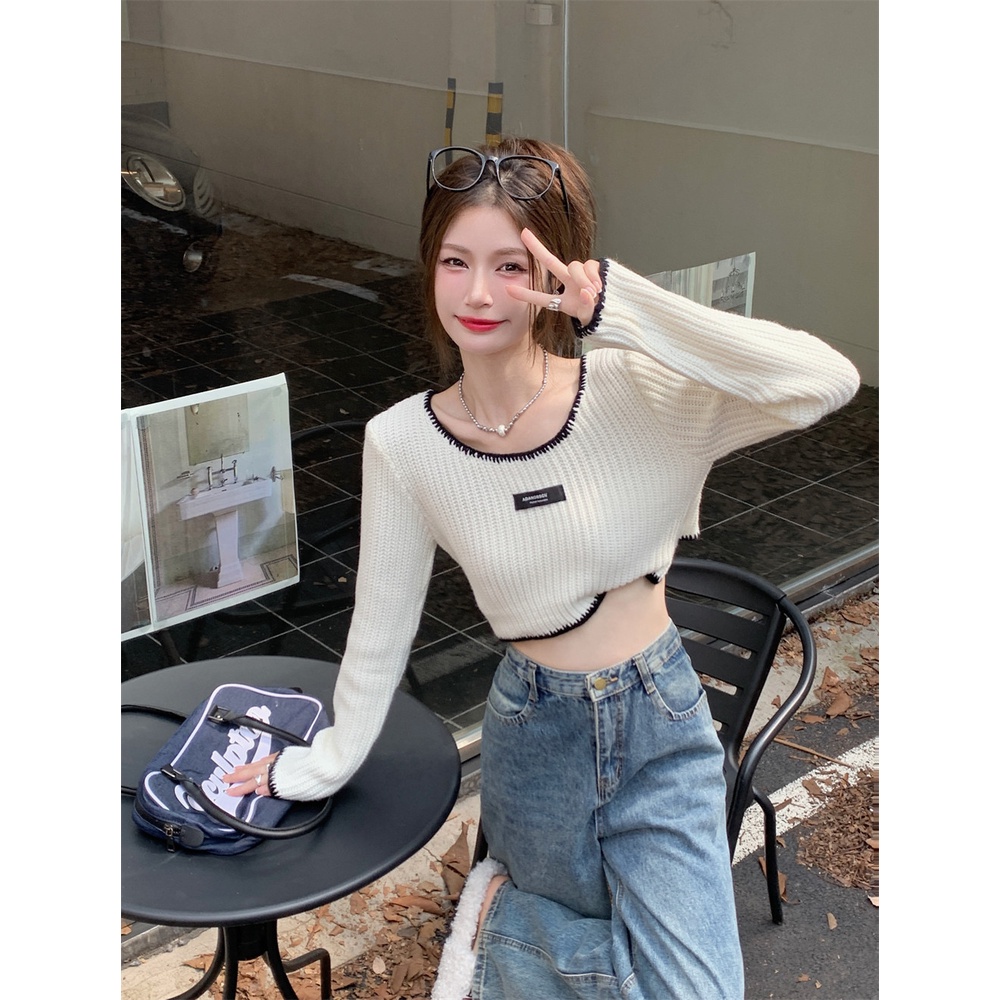 Áo Sweater Dệt Kim Tay Dài Cổ Vuông Màu Tương Phản Thời Trang Cho Nữ