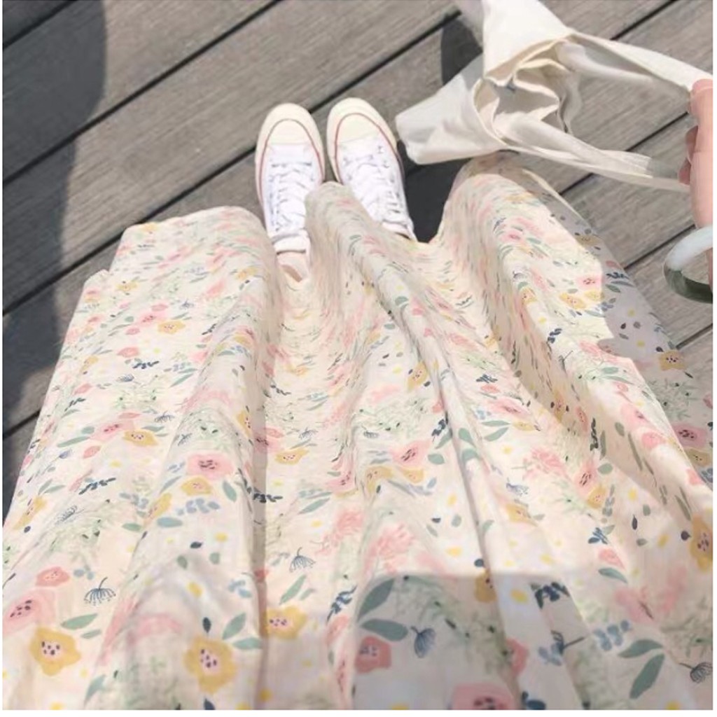 Váy babydoll hoa nhí cổ vuông xếp li ngực ulzzang, Đầm dự tiệc ulzzang hoa nhí dáng rộng chất thô lụa ngọt ngào -V9005 | BigBuy360 - bigbuy360.vn